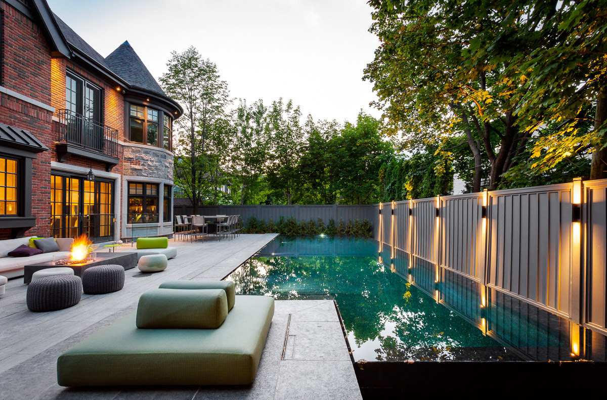 Backyard with pool, fire pit and seating area