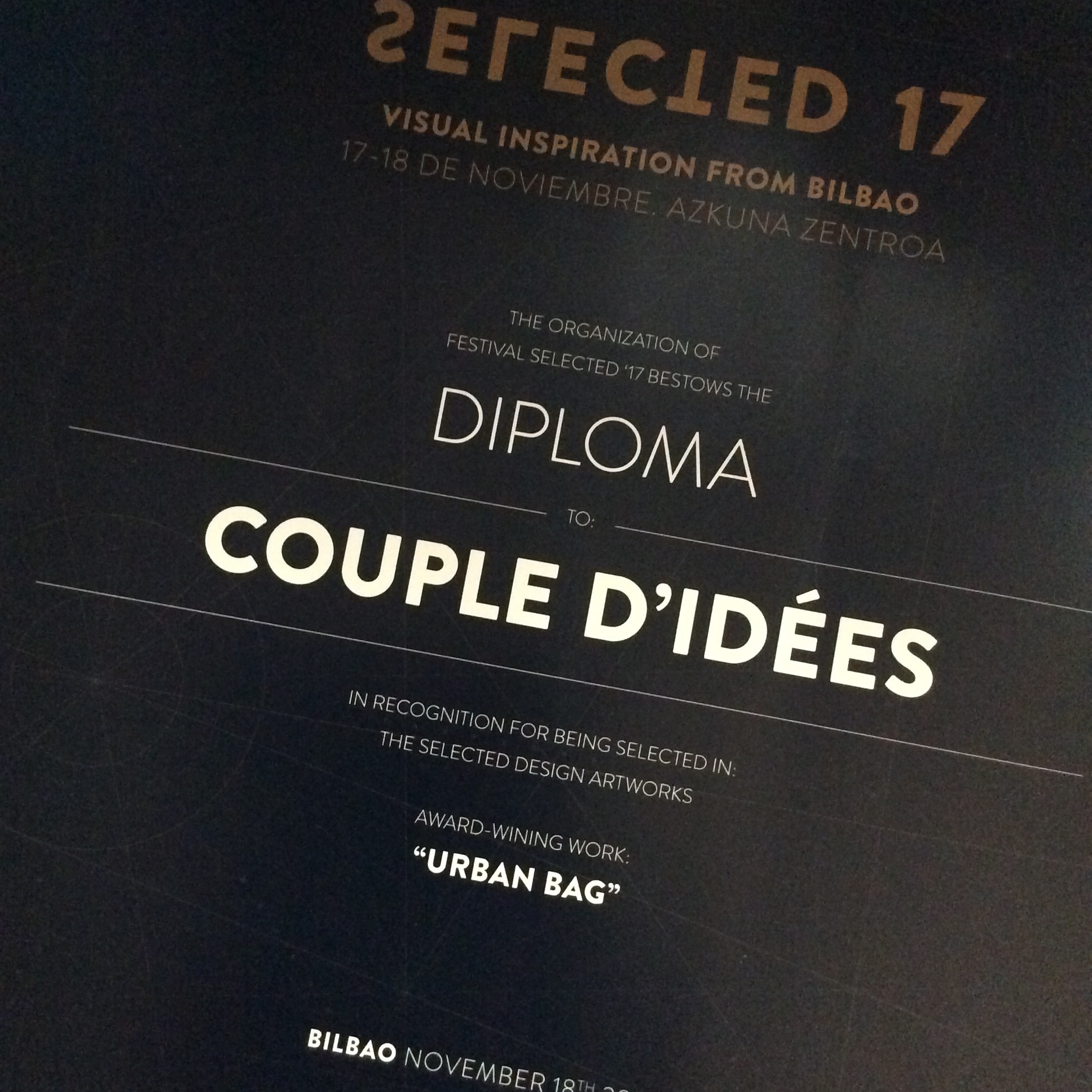 Diploma for COUPLE D'IDÉES' Urban Bag at Selected 2017