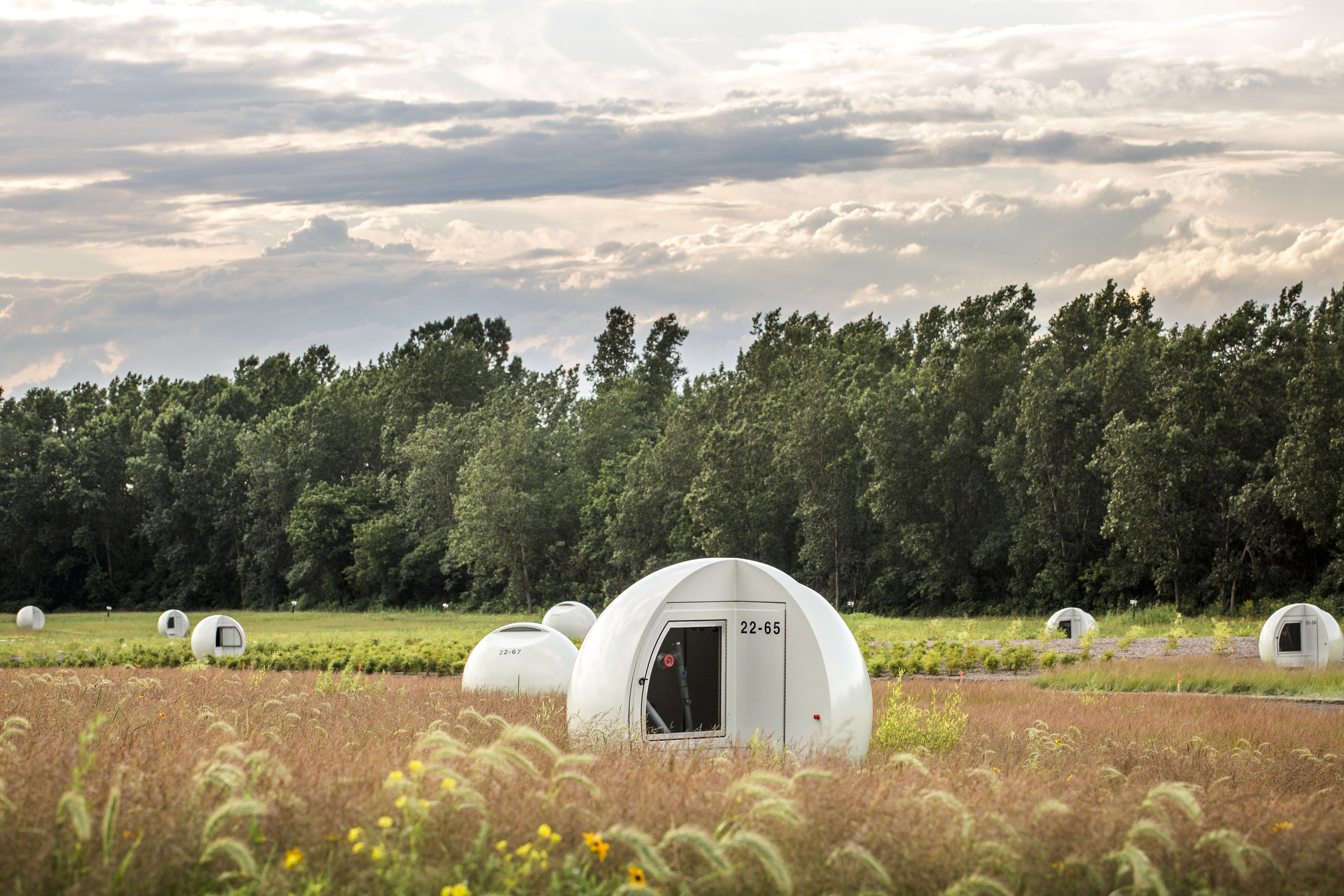 Spheres covering biogas capture wells at Frédéric-Back park, by Morelli Designers, Villeray–Saint-Michel–Parc-Extension borough