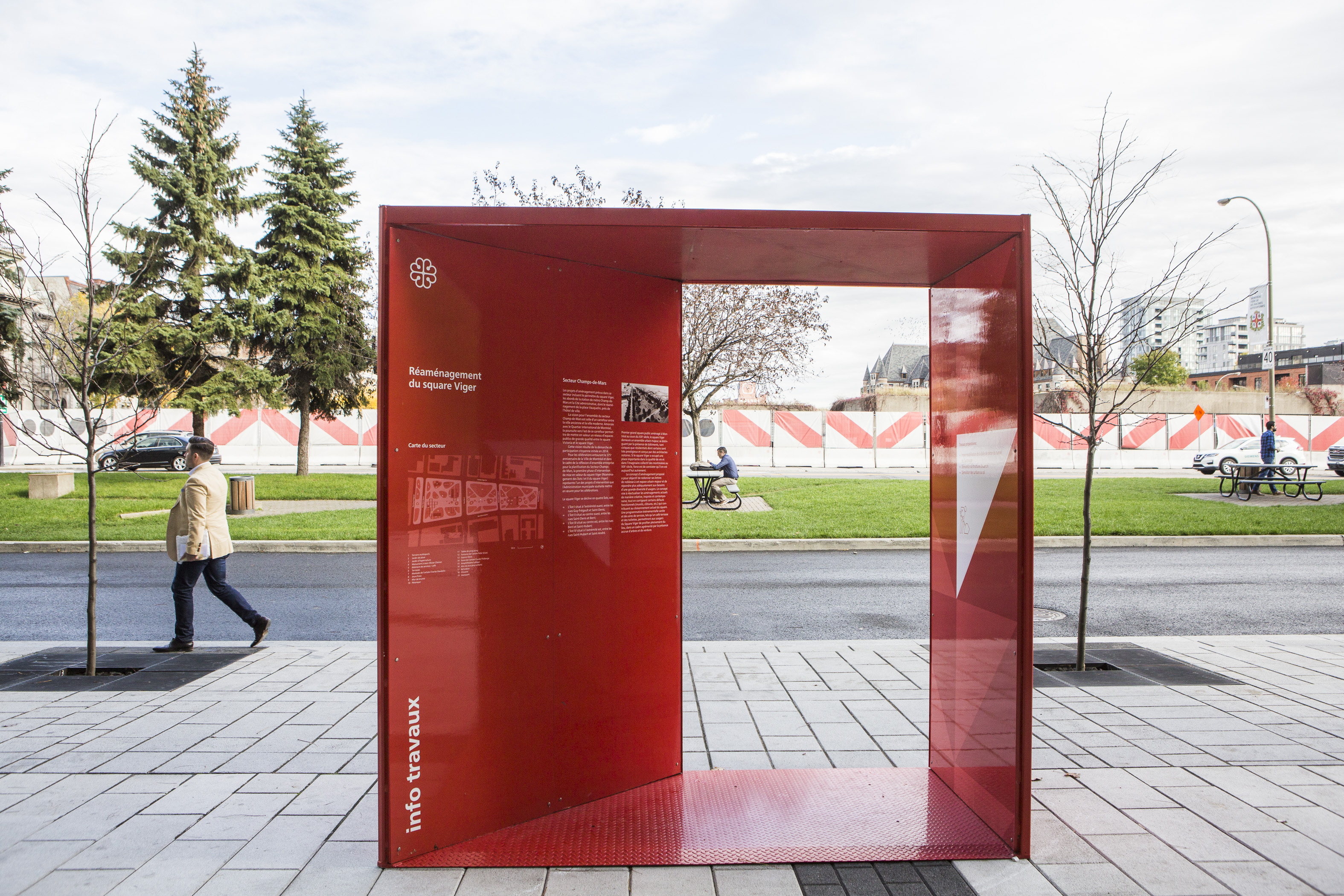 Worksite information module at Square Viger, by PARA-SOL + Paprika + Geniex, Ville-Marie borough