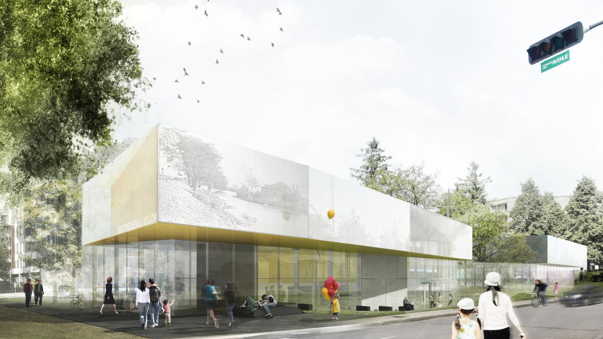 Perspective view of the entrance: signage design inspired by historical drawings