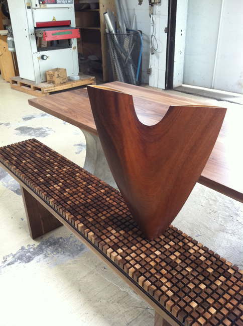 Many-Squares bench, and custom made table with wood vase, Montreal 2016