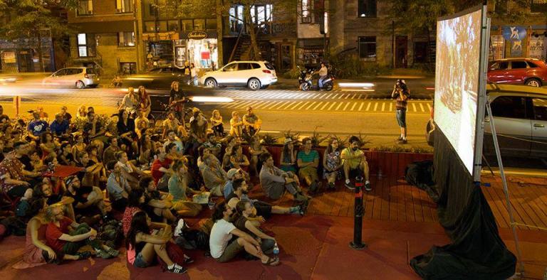 Large red terrace street performance, Montreal, 2015-2016