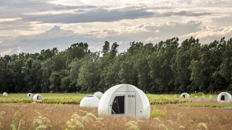 Spheres covering biogas capture wells at Frédéric-Back park, by Morelli Designers, Villeray–Saint-Michel–Parc-Extension borough